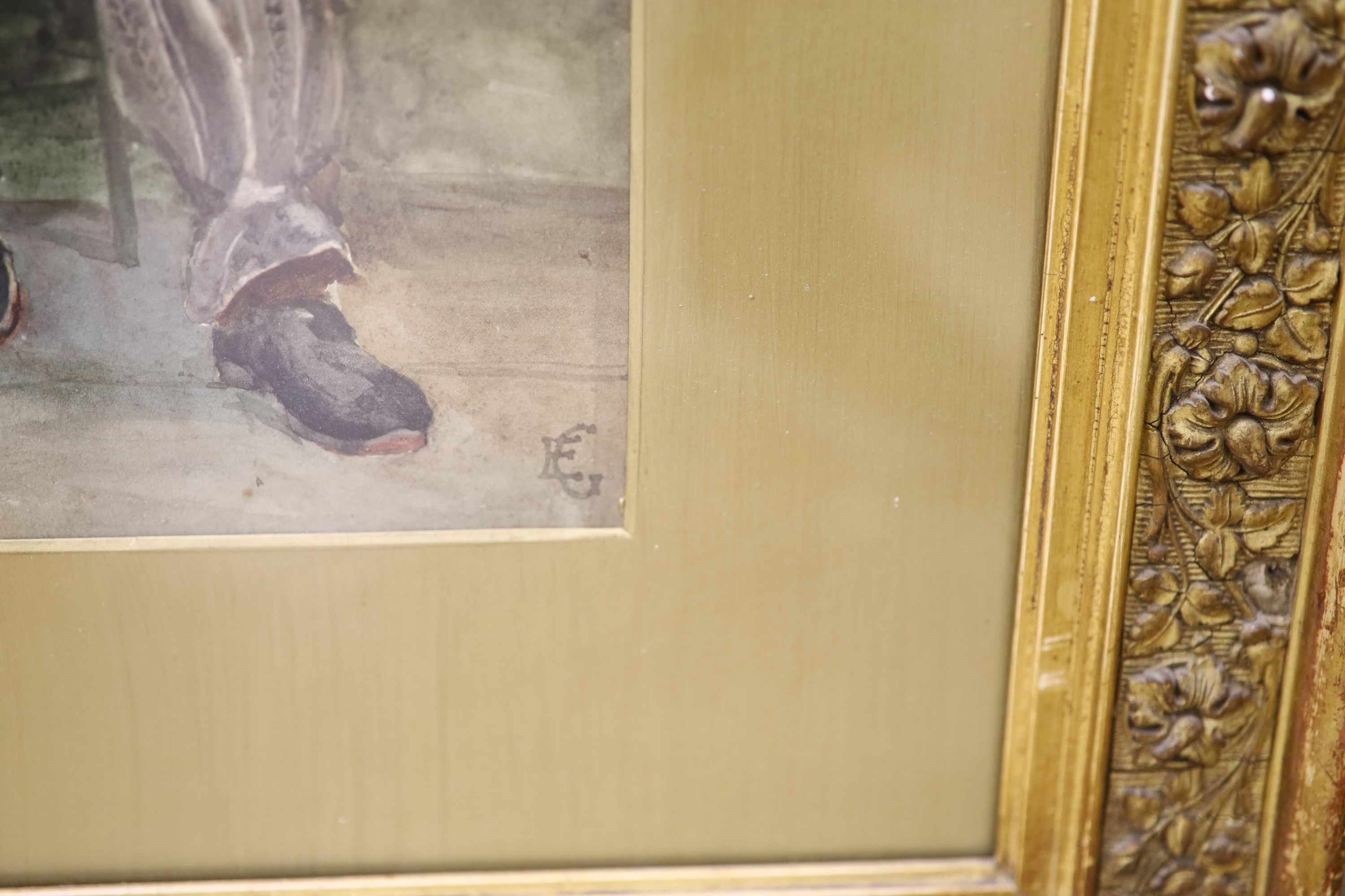 E.G. (19th C.), watercolour, Study of a seated Italian card player, monogrammed, 35 x 25cm
